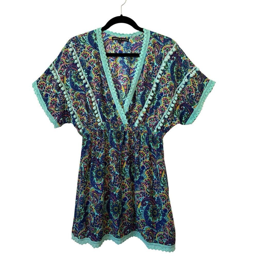 American & Beyond Caftan Dress/Swim Cover Teal Paisley Size M Festival, Resort